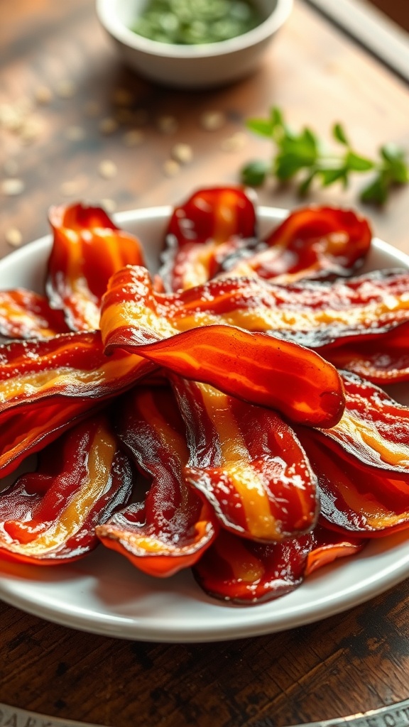 A plate of crispy bacon strips garnished with herbs on a wooden table.